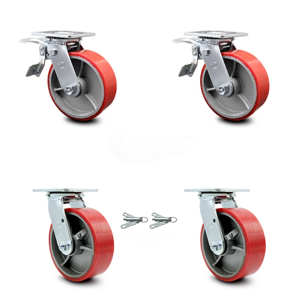 6 Inch Red Poly on Steel Caster Set with Roller Bearings 2 Brake 2 Swivel Lock